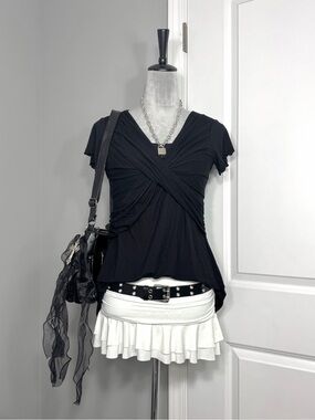 Y2K Black Twisted Front Scalloped Trim Wrap Top